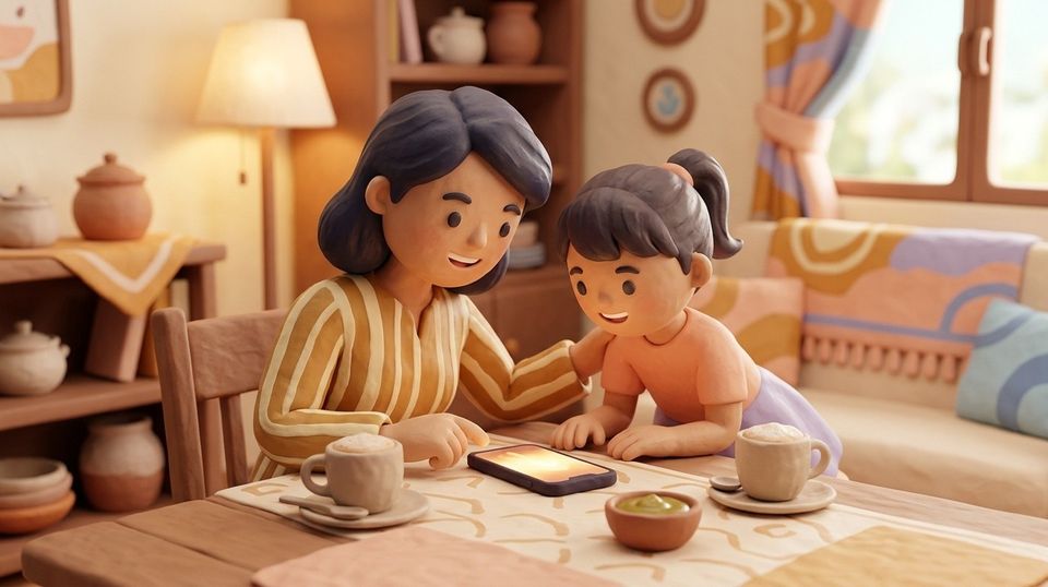 A parent and child leaning over a phone together at the dinner table with cups of teh tarik nearby